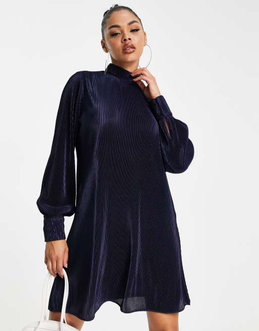 NaaNaa Robe babydoll à manches longues en tissu plissé Bleu marine