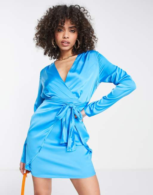 NaaNaa Robe chemise en satin nouee devant Bleu cyan