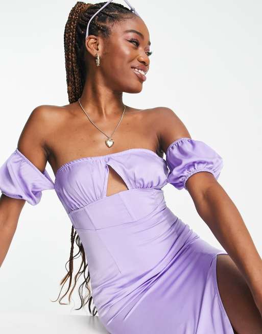 NaaNaa Robe mi longue style Bardot manches bouffantes Lilas