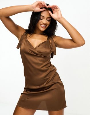 NaaNaa satin a-line wrap mini dress in brown - ASOS Price Checker