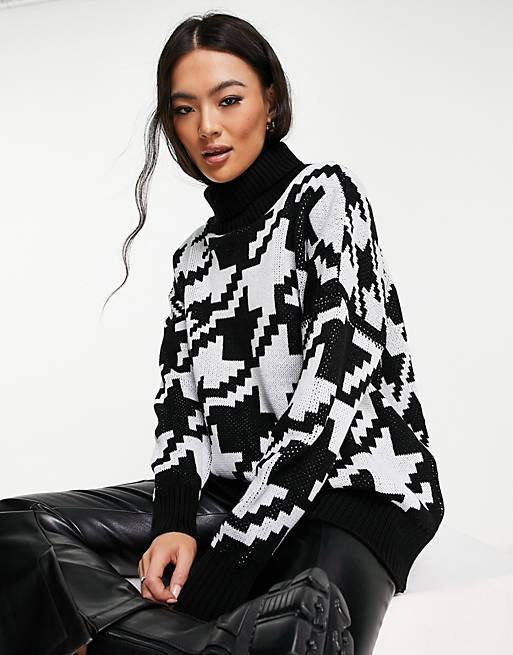 NaaNaa roll neck knitted dress in dogtooth