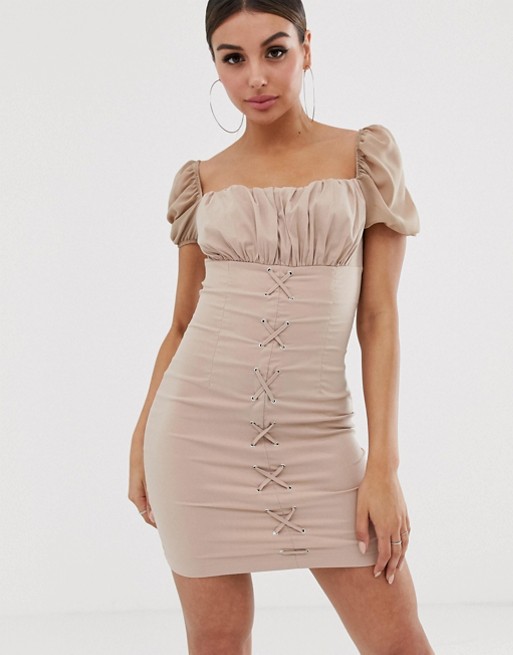 NaaNaa ruched mini dress with lace up front