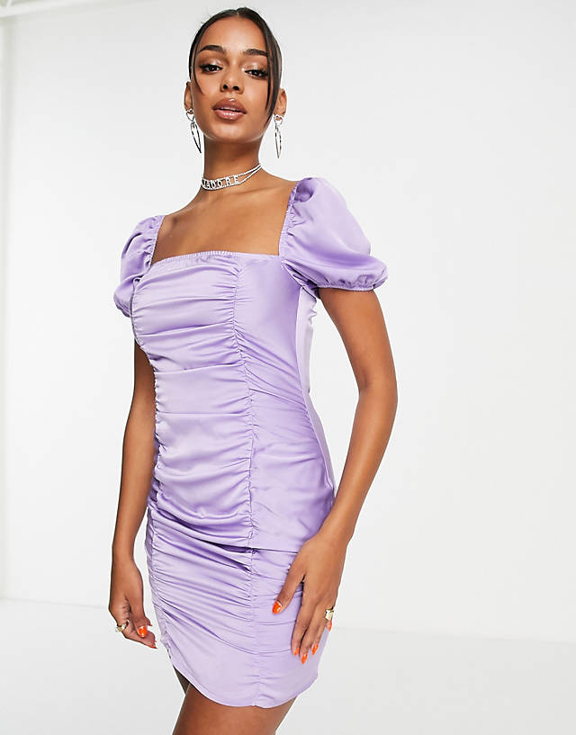 NaaNaa - ruched puff sleeve satin mini dress in purple