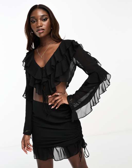 NaaNaa ruffle tie front crop top and ruched mini skirt set in