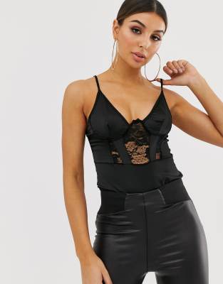 NaaNaa lace panel satin bodysuit in black Black