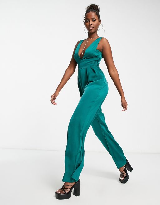 NaaNaa - Satijnen diepuitgesneden jumpsuit in smaragdgroen, 3 van 4