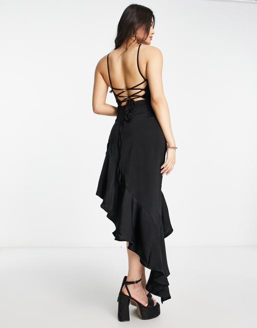 Black Satin Ruffle Strap Frill Hem Bodycon Dress