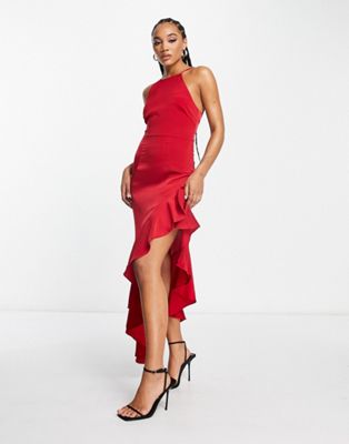 NaaNaa Satin asymmetric cut dress with tie back detail in red