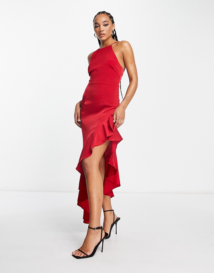 Satin asymmetric cut dress with tie back detail in red