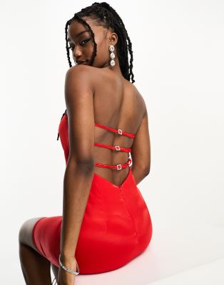 satin bandeau mini dress with open back detail in red