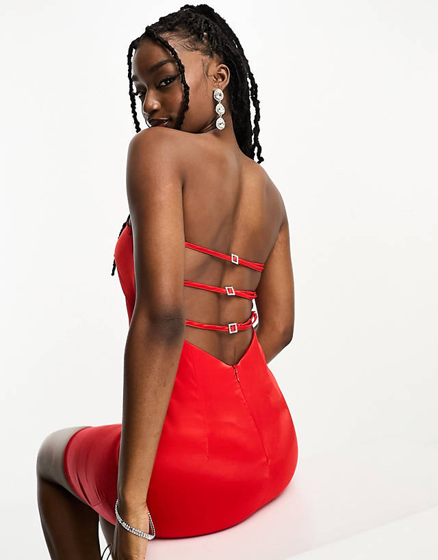 NaaNaa - satin bandeau mini dress with open back detail in red