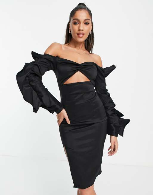 NaaNaa satin bardot ruched sleeve midi dress in black | ASOS