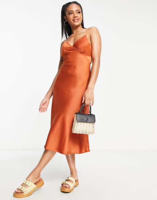 NaaNaa satin bias cut midi dress in rust