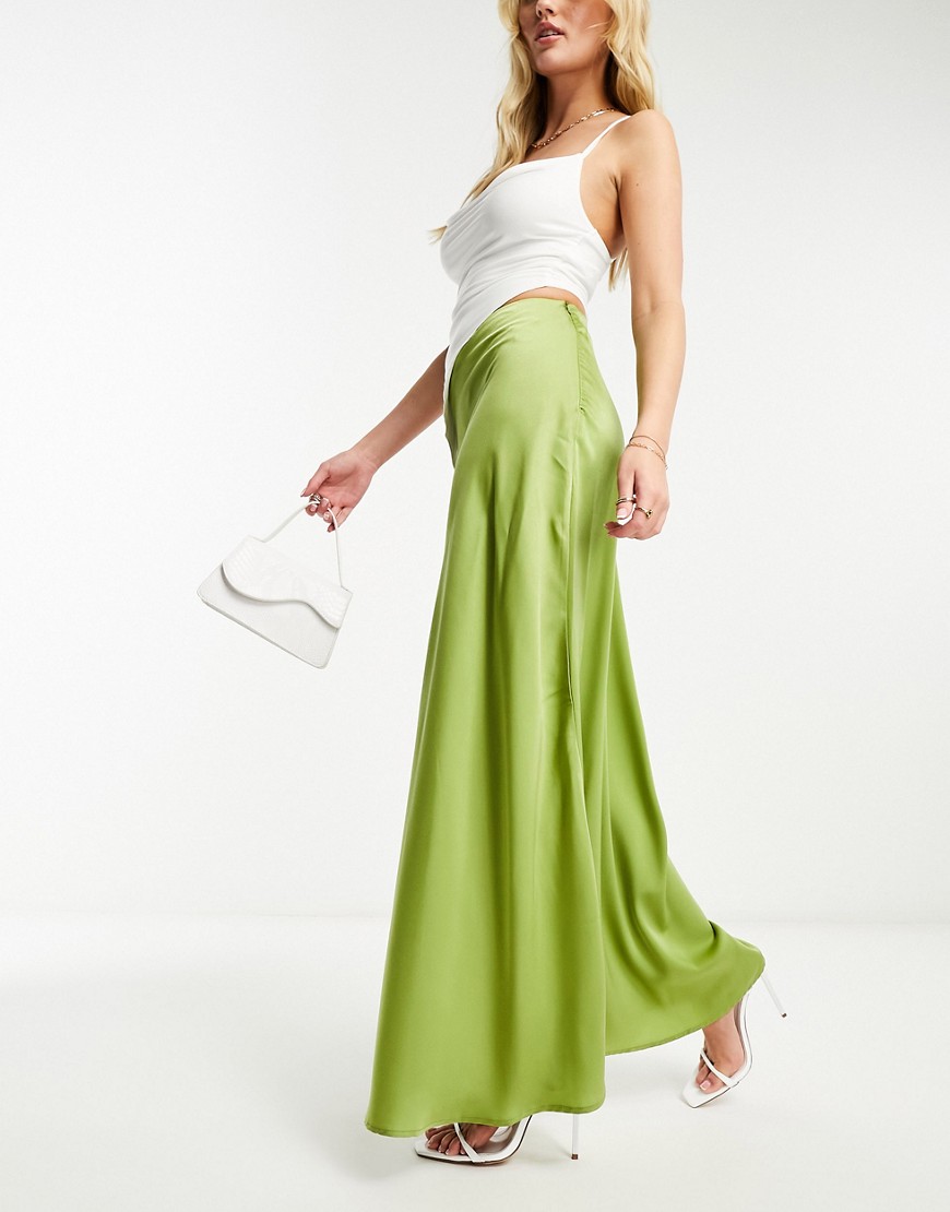NaaNaa satin bias maxi skirt in olive green