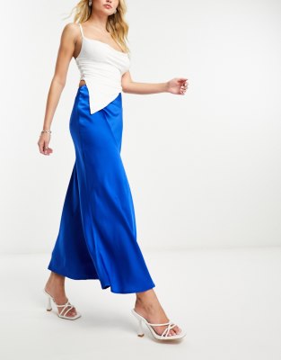 NaaNaa satin bias midi skirt in blue