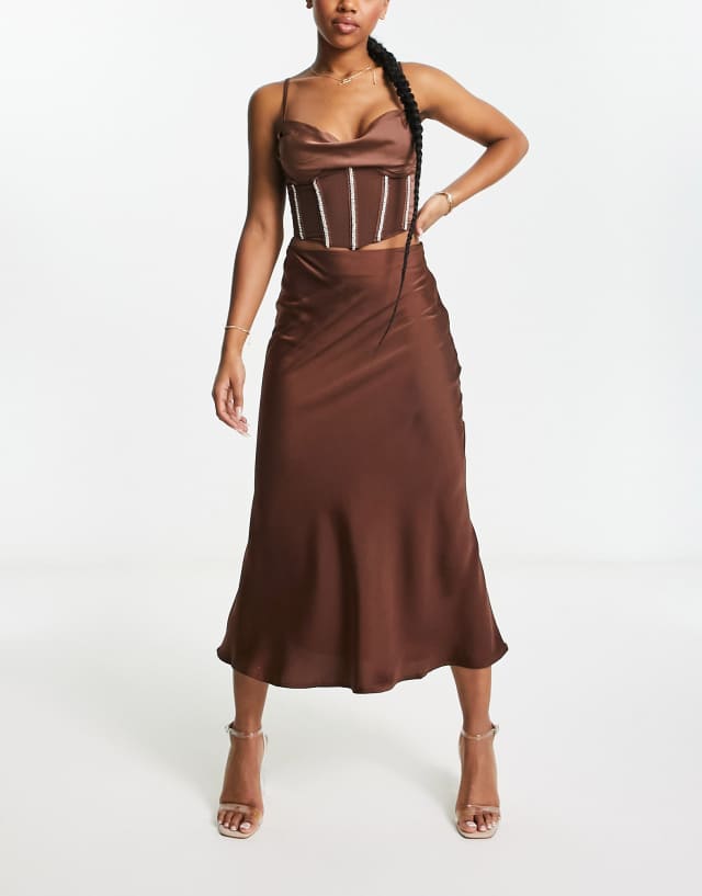 NaaNaa satin bias midi skirt in brown