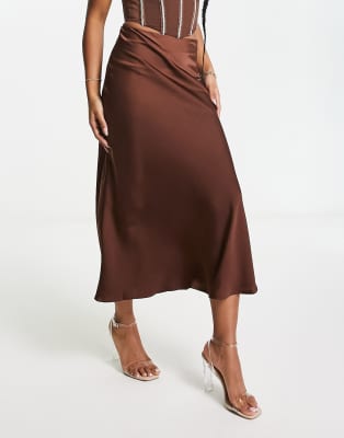 brown satin midi skirt