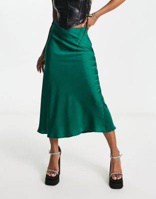 NaaNaa satin bias midi skirt in emerald