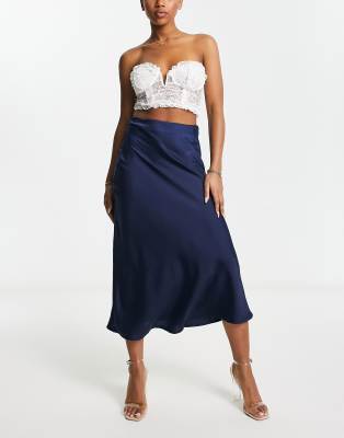 NaaNaa satin bias midi skirt in navy