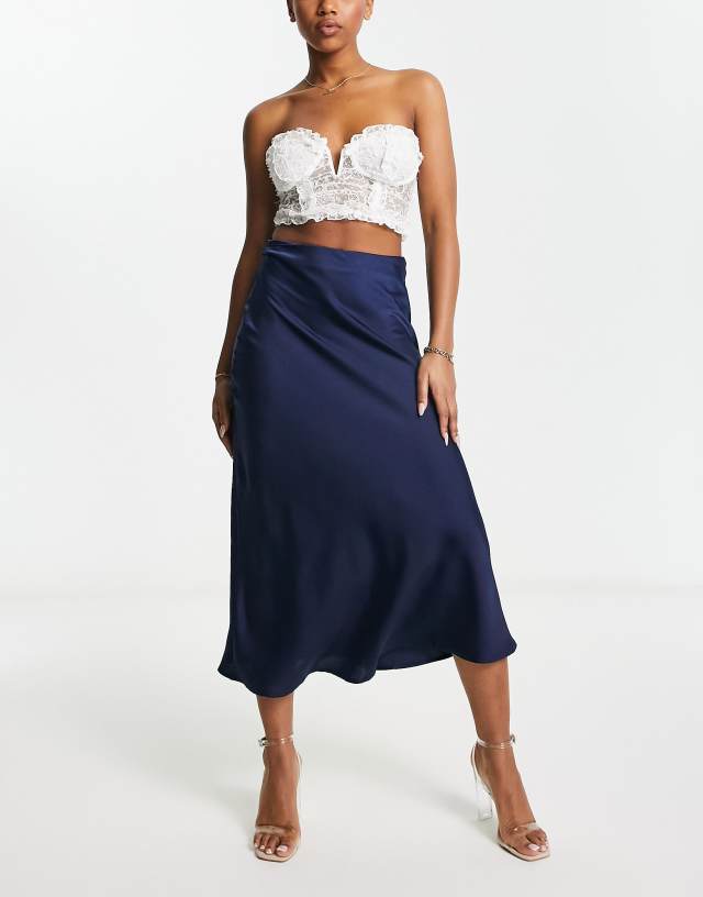 NaaNaa satin bias midi skirt in navy