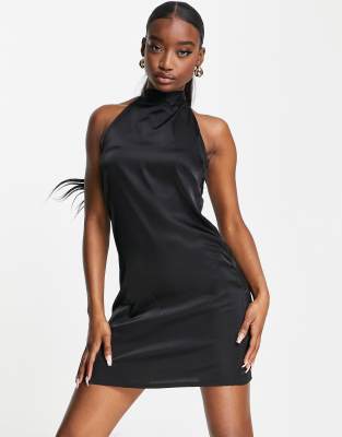 NaaNaa satin bodycon tie halter neck dress in black