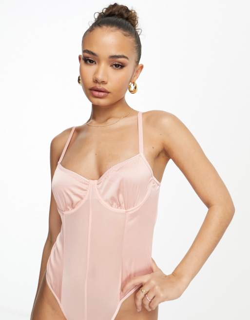 Trend Check Pale Pink Satin Long Sleeve Bodysuit