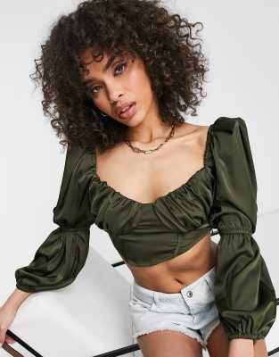 I Saw It First Satin Drape Puff Sleeve Corset Crop Top