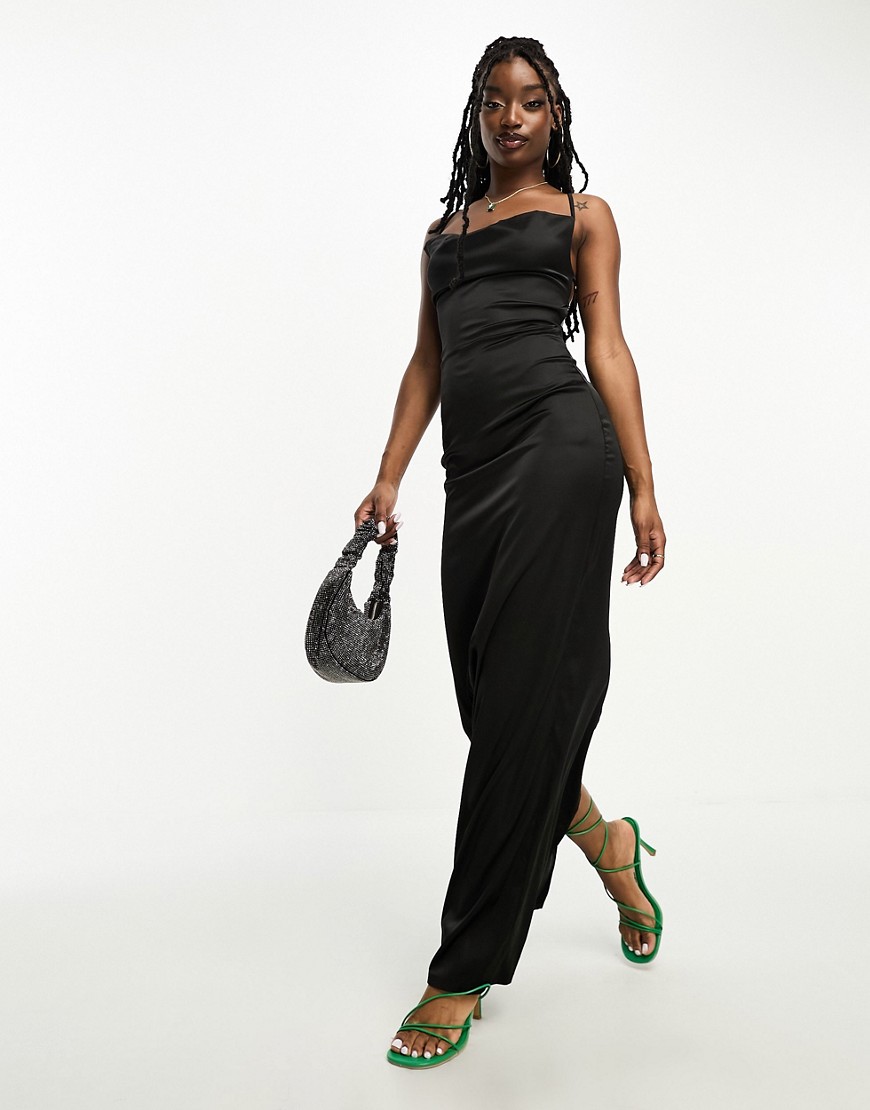 NaaNaa satin cowl neck maxi dress with tie-back detail in black