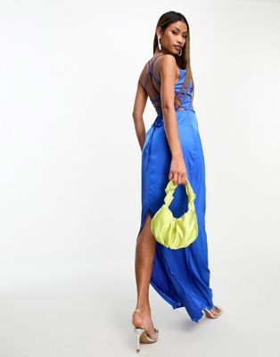 NaaNaa satin cowl neck maxi dress with tie back detail in blue