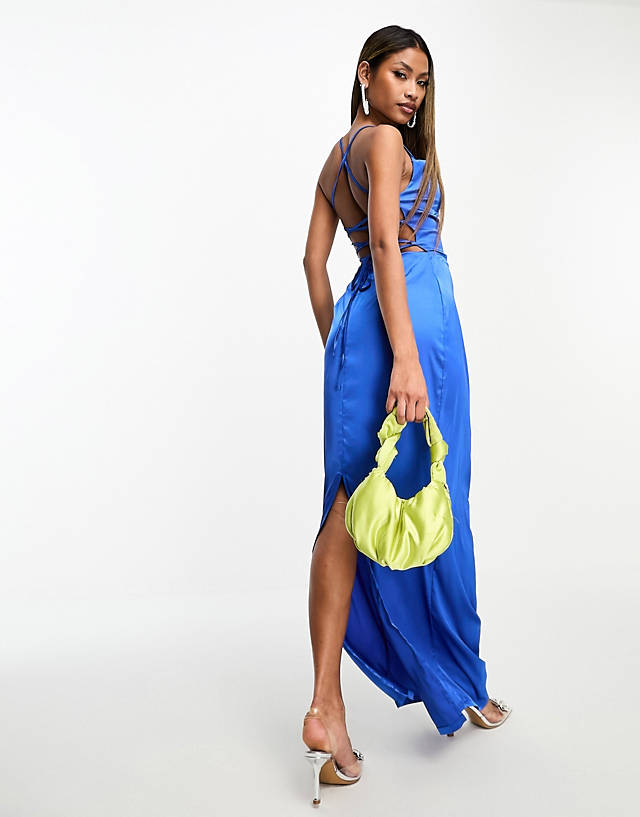 NaaNaa - satin cowl neck maxi dress with tie back detail in blue