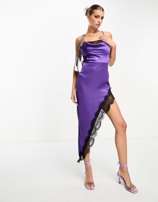 satin cowl neck midi dress with asymmetric lace hem in purple