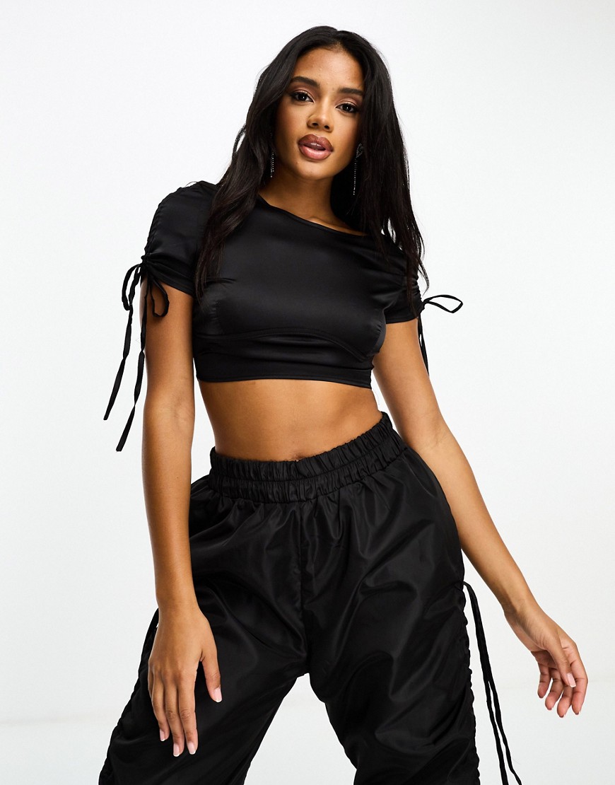 NaaNaa satin crop top with ruched sleeves in black