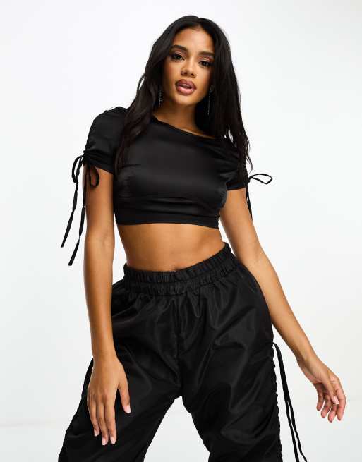 Shape Black Ruched Strappy Crop Top, Curve