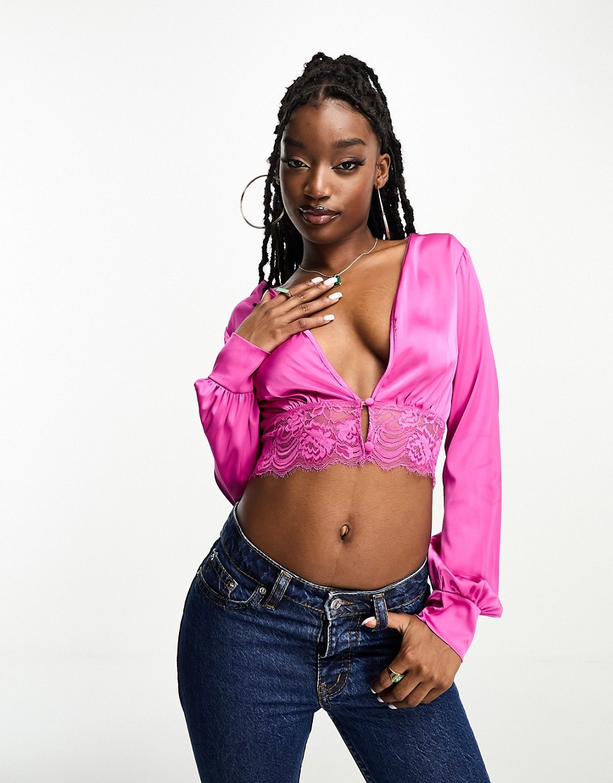 NaaNaa satin cropped blouse with lace trim in pink