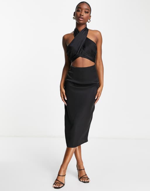 NaaNaa satin cross body halter neck midi dress in black