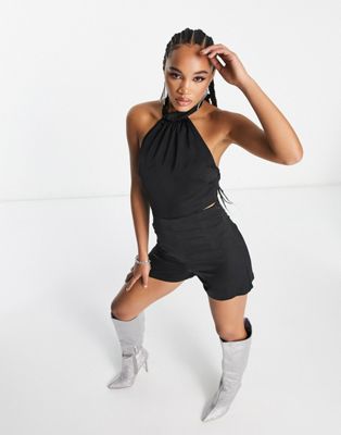 NaaNaa satin halter cut out playsuit in black