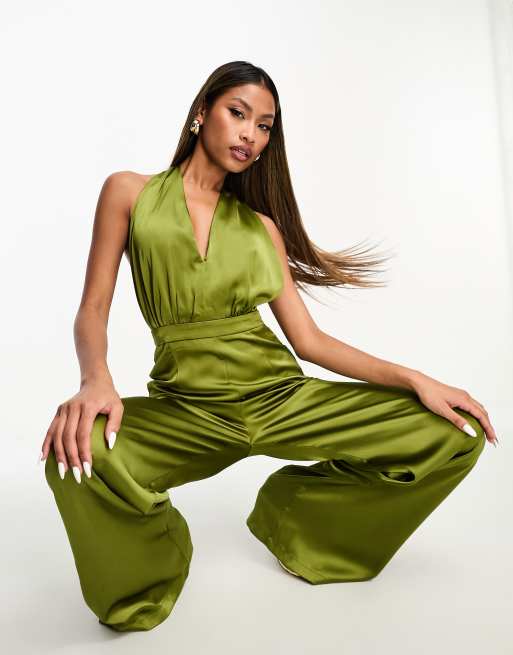 ASYOU satin halter cut out jumpsuit in green