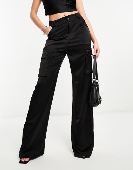 NaaNaa satin high waist cargo pants in black