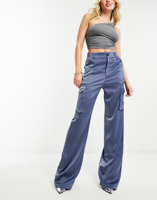 NaaNaa satin high waist cargo pants in washed blue
