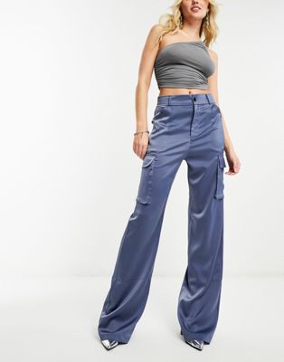 NaaNaa satin high waist cargo trousers in washed blue