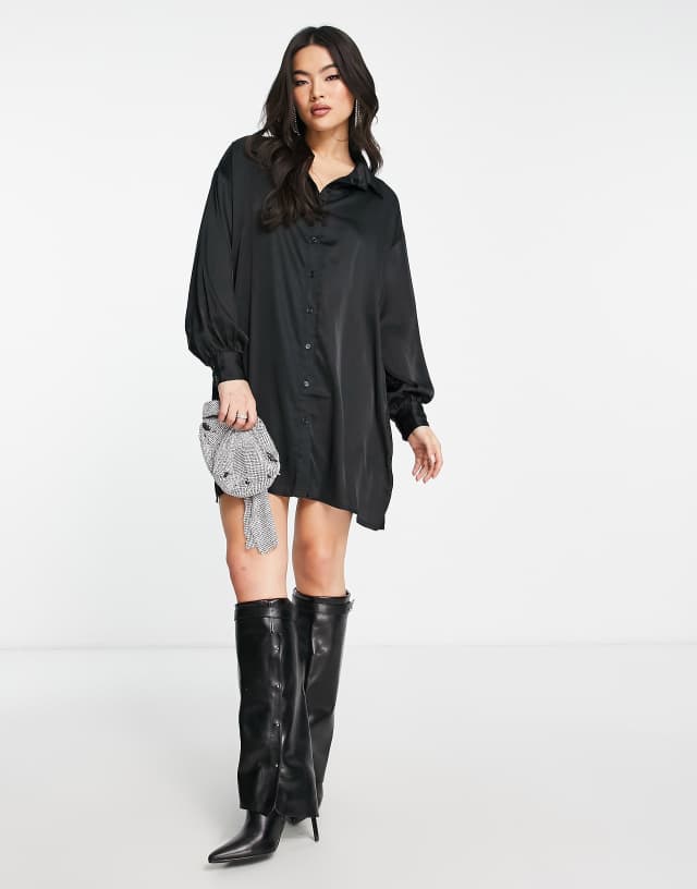 NaaNaa satin midi shirt dress in black