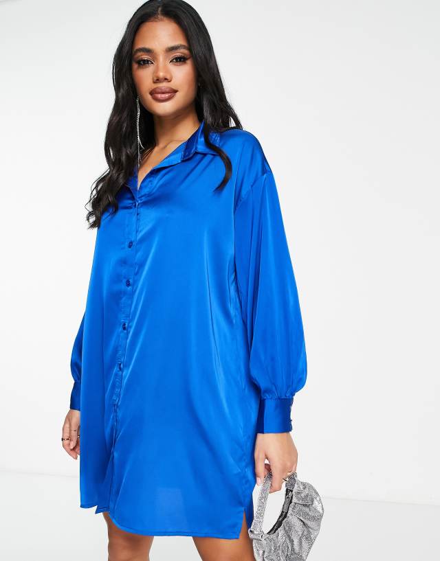 NaaNaa satin midi shirt dress in cobalt blue