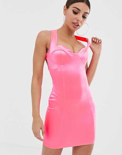 NaaNaa satin mini dress with cut out back in neon pink