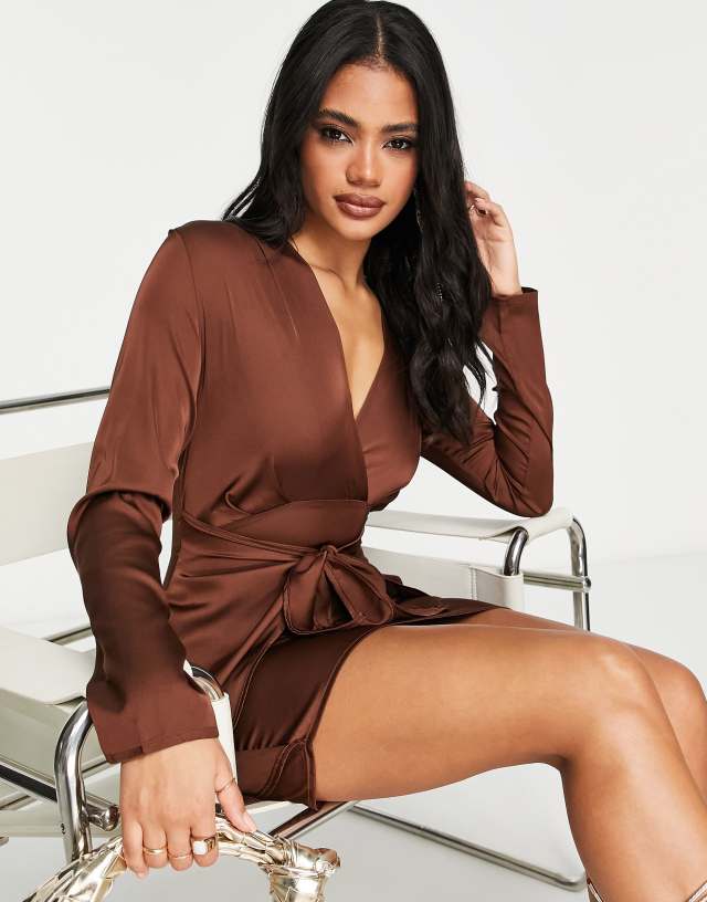 NaaNaa satin mini long sleeve ruffle dress in brown