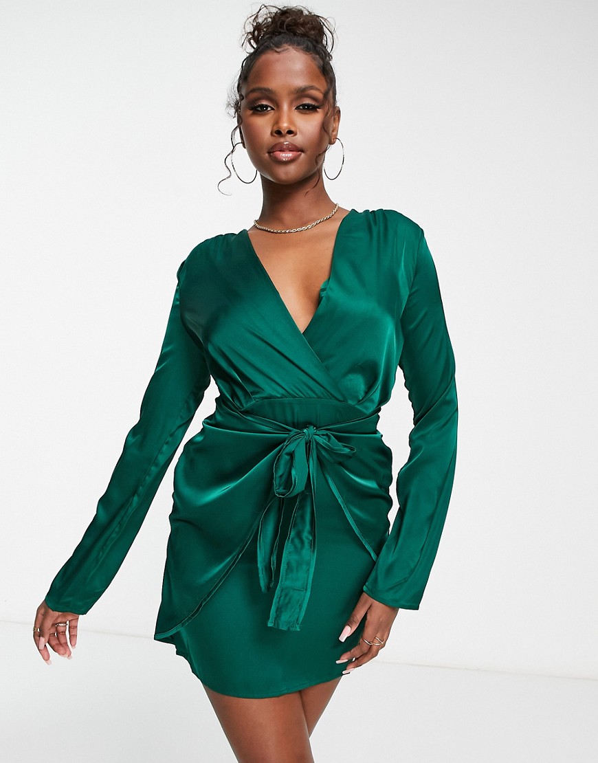 Naanaa Satin Mini Long Sleeve Ruffle Dress In Emerald-green