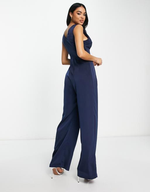 TFNC Bridesmaid halter jumpsuit in navy blue