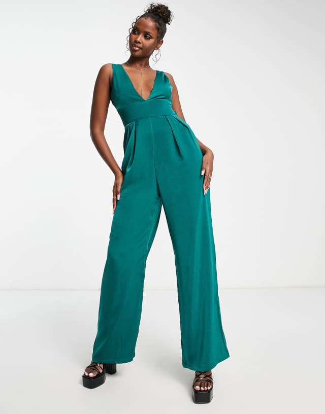 NaaNaa satin plunge jumpsuit in emerald