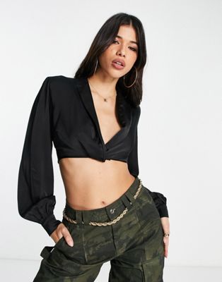 satin plunge neck cropped blouse in black