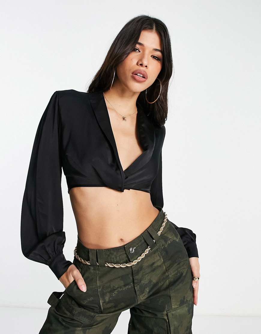 NaaNaa satin plunge neck cropped blouse in black