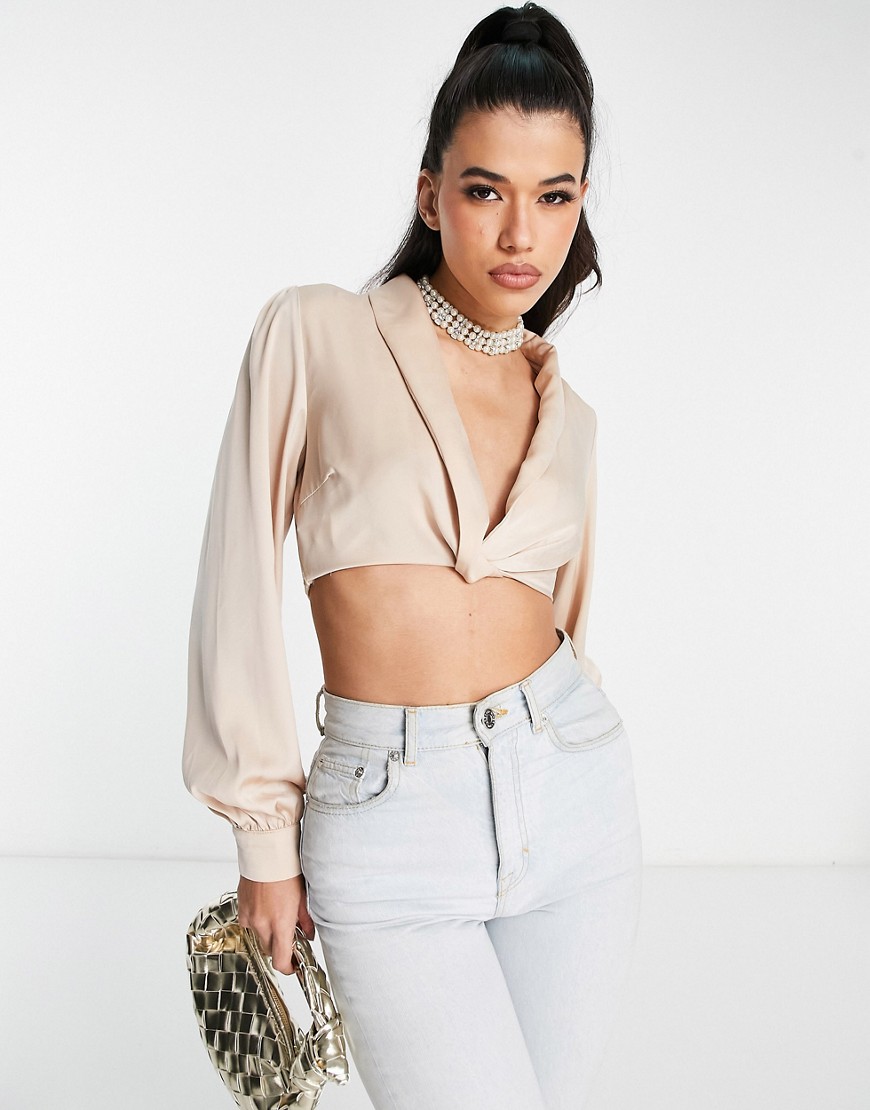 satin plunge neck cropped blouse in champagne-Gold